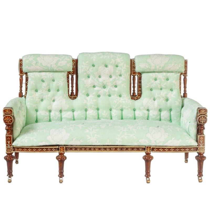 Dolls House Sofa French Settee Green Floral Walnut JBM Living Room Furniture