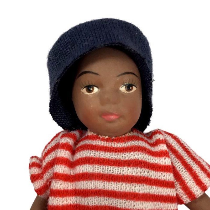 Dolls House Baby in Red Striped Romper & Denim Hat 1:12 Porcelain Doll People