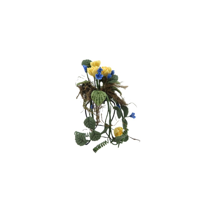 Dolls House Yellow & Blue Trailing Flowers Fancy Wire Stand Garden Accessory