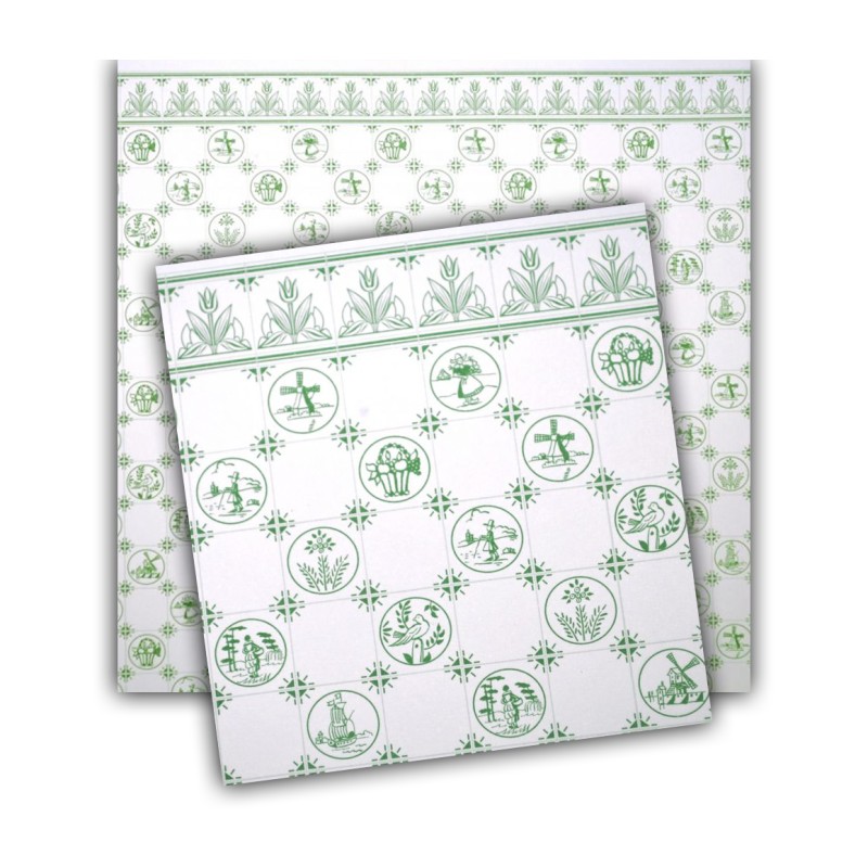 Dolls House Wallpaper Dutch Tile Green Delft Miniature 1:24 Scale Dolls House Wallpaper Dutch Tile Green Delft Miniature 1:24 Scale