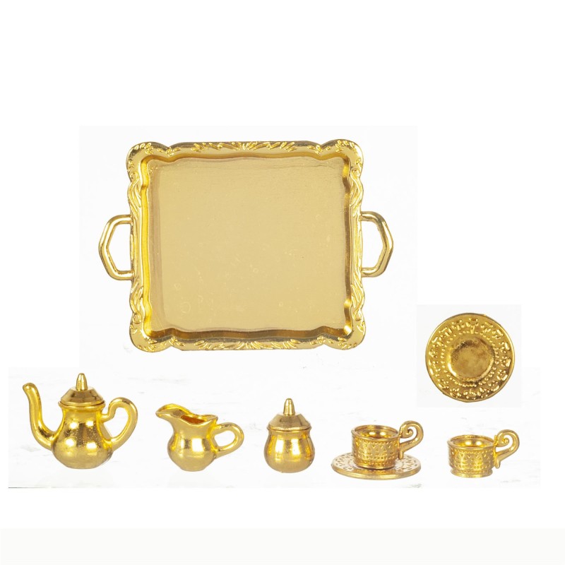 Dolls House Gold Tea Coffee Serving Set on Tray Dining Sitting Room Accessory