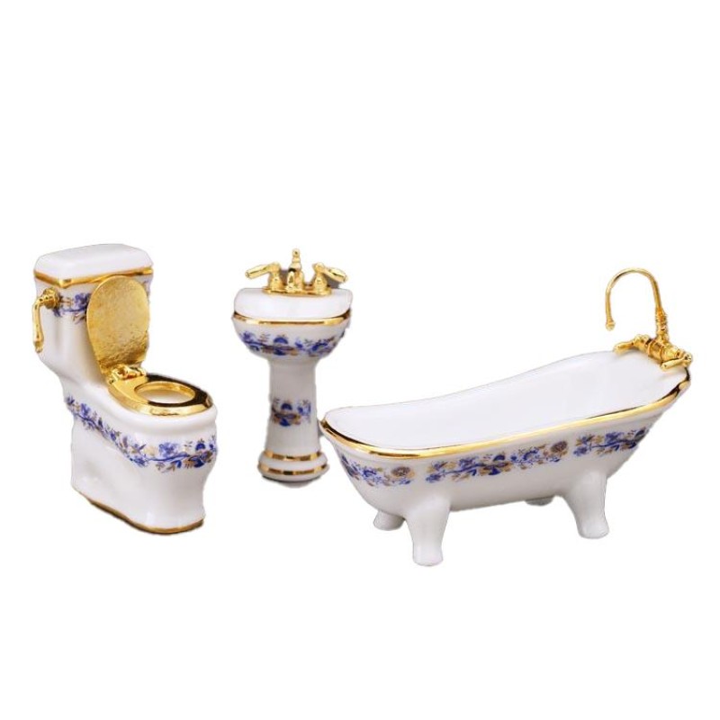 Dolls House Blue Onion Bathroom Furniture Set Reutter Porcelain Half Inch 1:24