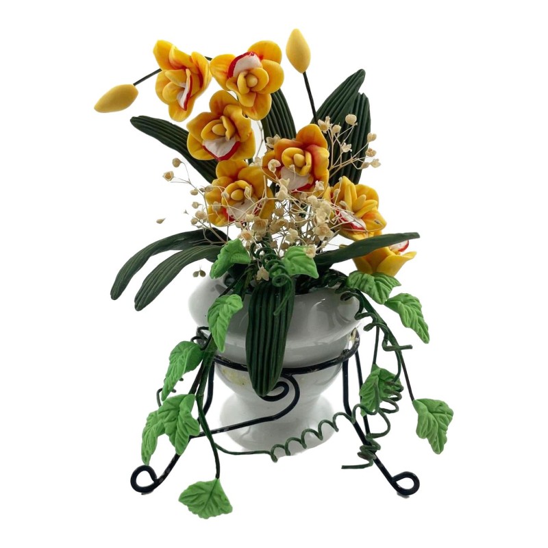 Dolls House Yellow Flowers in Large Ceramic Garden Urn & Black Tripod Stand