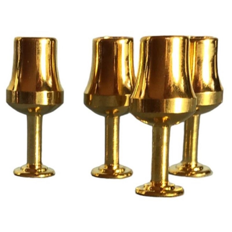 Dolls House 4 Gold Goblets Wine Glass Glassware Dining Room Pub Bar Accessory