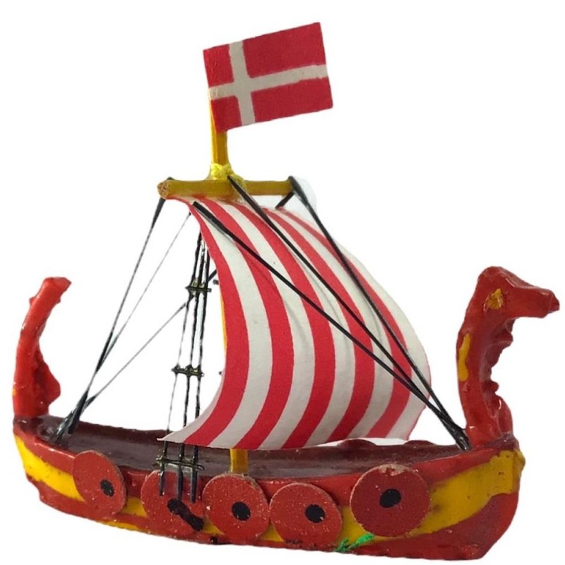 Dolls House Red Striped Drakkar Longship Viking Sail Boat Ornament Accessory
