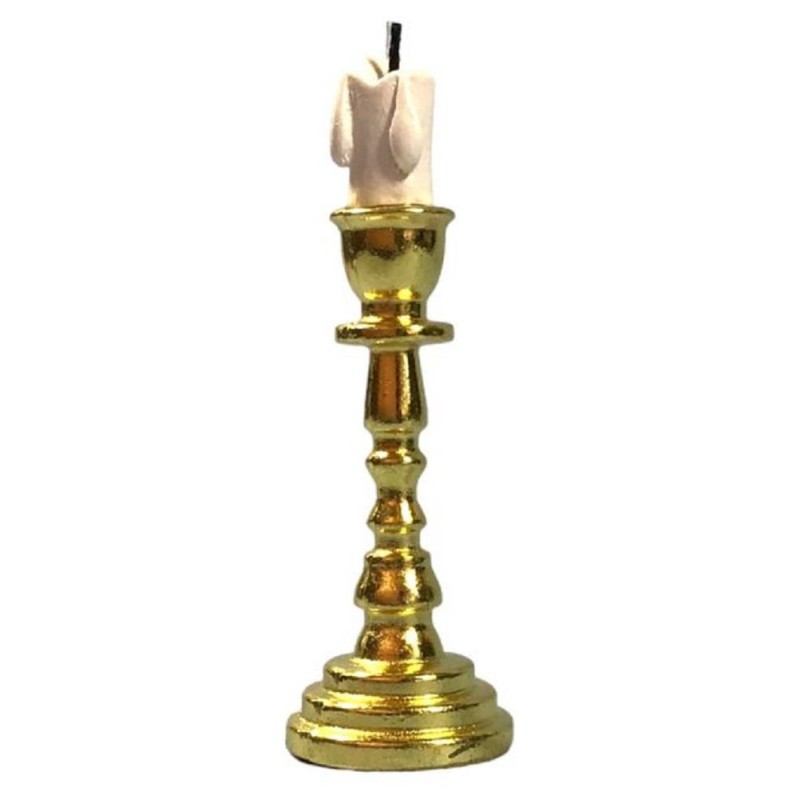 Dolls House Pillar Candle on Tall Gold Candlestick Ornament Church Accessory