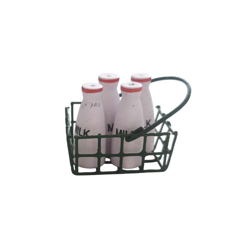 Dolls House 4 Bottles of Milk & Shopping Basket Miniature Shop Store Accessory