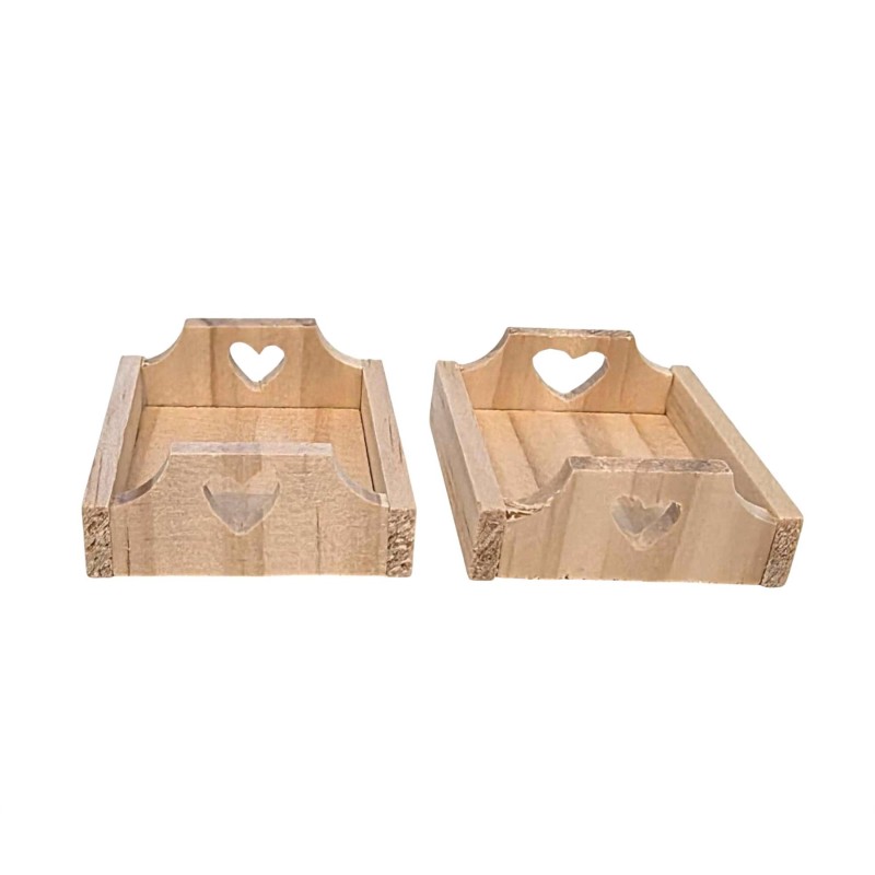 Dolls House 2 Wooden Trays Heart Cut Out Design Rectangular 1:12 Scale Accessory