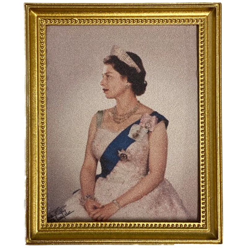 Dolls House Young Queen Elizabeth II in Sash Portrait Picture 1:12 Gold Frame