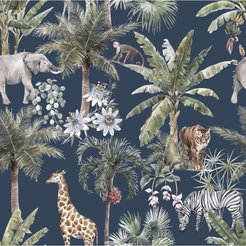 Dolls House Navy Jungle Animal Tropical Pattern Miniature Print Wallpaper 1:12