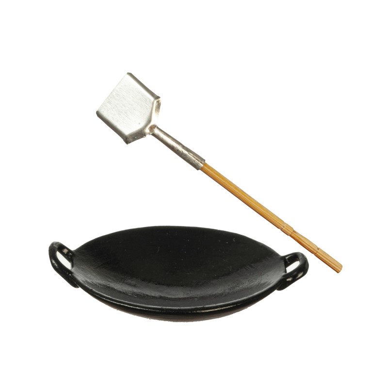 Dolls House Chinese Woc & Spatula Black Cookware Kitchen Accessory Miniature