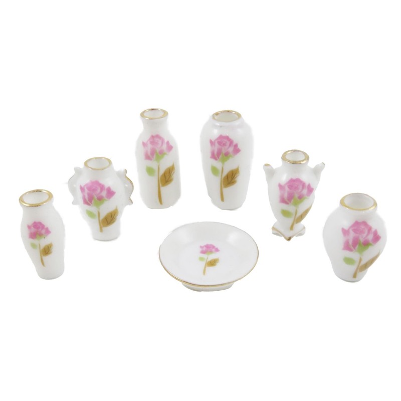 Dolls House Vase & Plate Set Pink Rose Design Ornaments Porcelain Accessory Dolls House Vase & Plate Set Pink Rose Design Ornaments Porcelain Accessory