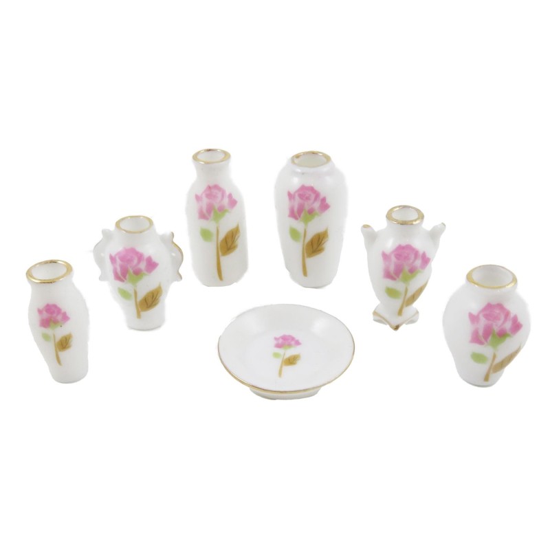 Dolls House Vase & Plate Set Pink Rose Design Ornaments Porcelain Accessory