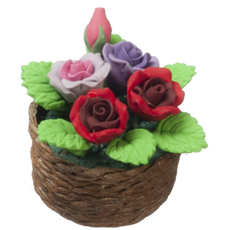Dolls House Roses Flower Floral Brown Display Basket 1:12 Home Garden Accessory