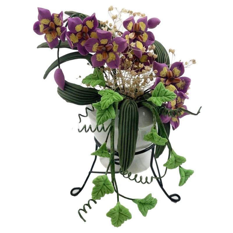 Dolls House Purple Flowers in Large Ceramic Garden Urn & Black Tripod Stand