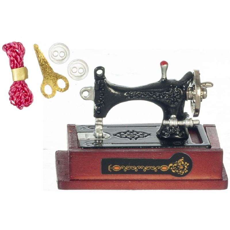 Dolls House Old Fashioned Black Sewing Machine Set Miniature Accessory 1:12