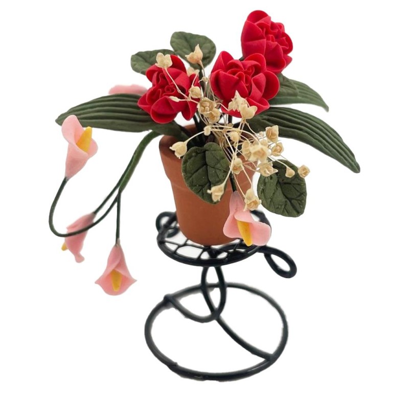 Dolls House Red Flowers in Terracotta Pot on Plant Stand Garden Accessory