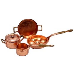 Dolls House Copper Saucepan Set Gold Handles Pans & Poacher Kitchen Accessory