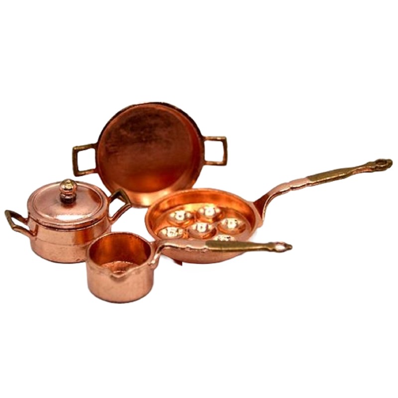 Dolls House Copper Saucepan Set Gold Handles Pans & Poacher Kitchen Accessory