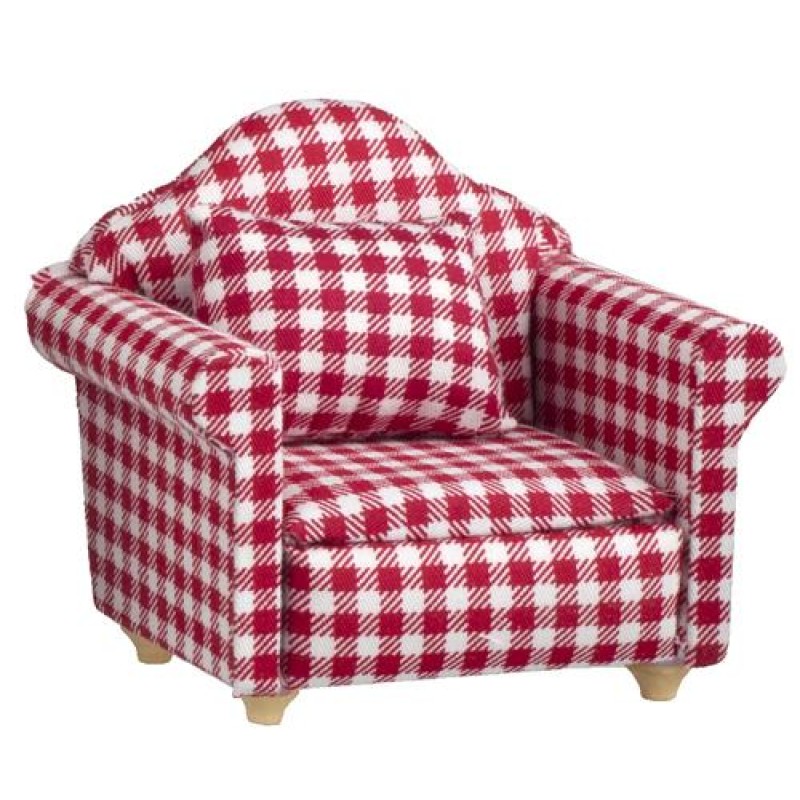 Dolls House Red Gingham Club Armchair & Cushion Modern Living Room Furniture