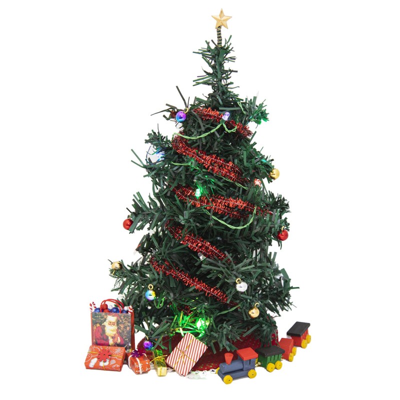 Dolls House Complete Christmas Fir Tree Festive Decoration LED Lights Bauble Kit