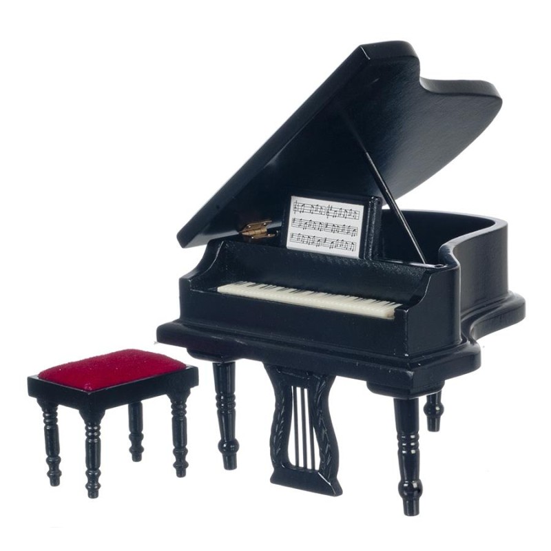 Black Grand Piano & Bench Stool Music Room Furniture Dolls House Miniature 1:12 Black Grand Piano & Bench Stool Music Room Furniture Dolls House Miniature 1:12