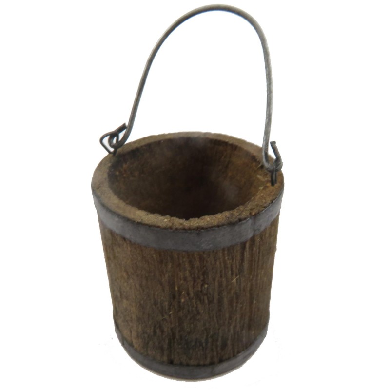 Dolls House Rustic Wooden Bucket with Handle Miniature Garden Kitchen Accessory