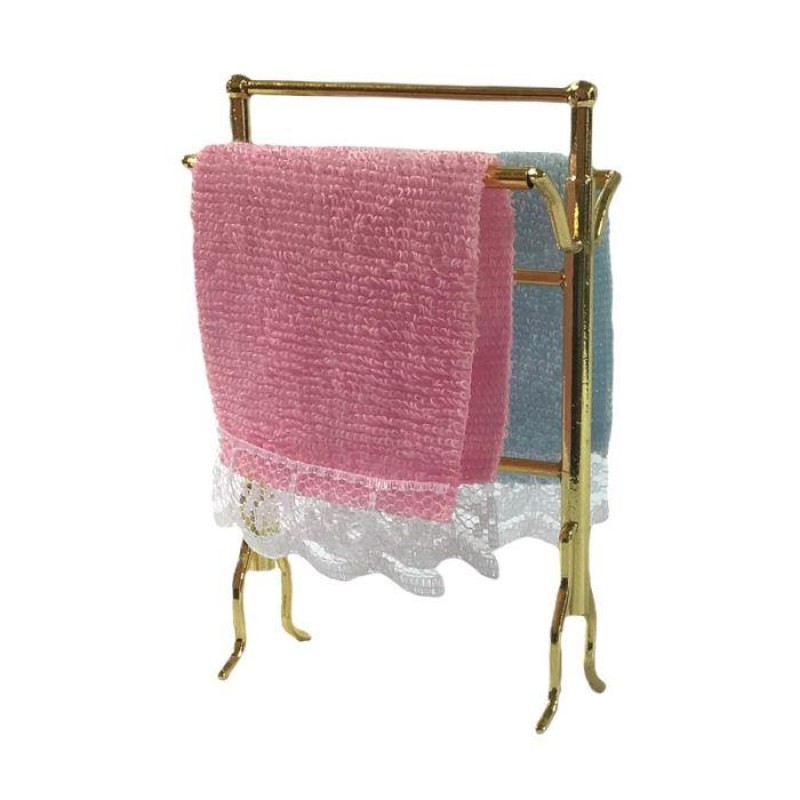 Dolls House Brass Towel Rail Rack Pink & White Towels Bathroom Furniture 1:12