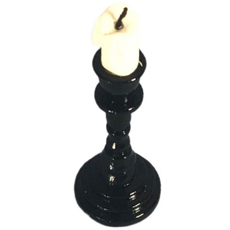 Dolls House Black Candlestick & Pillar Candle Modern Ornament Church Accessory