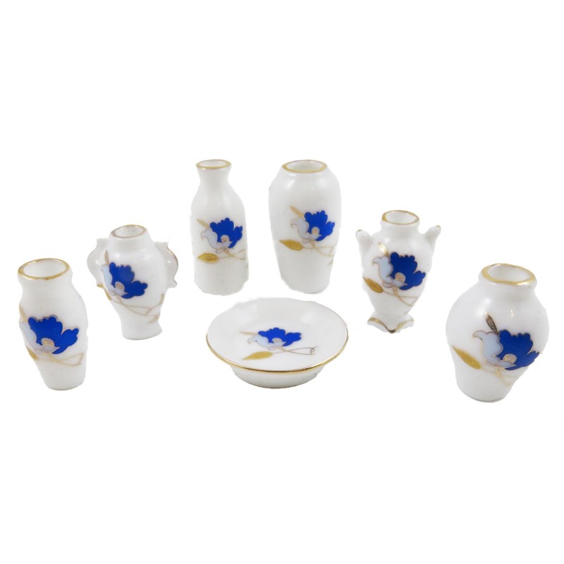 Dolls House Vase & Bowl Set Royal Blue Gold Floral Design Ornament Accessory