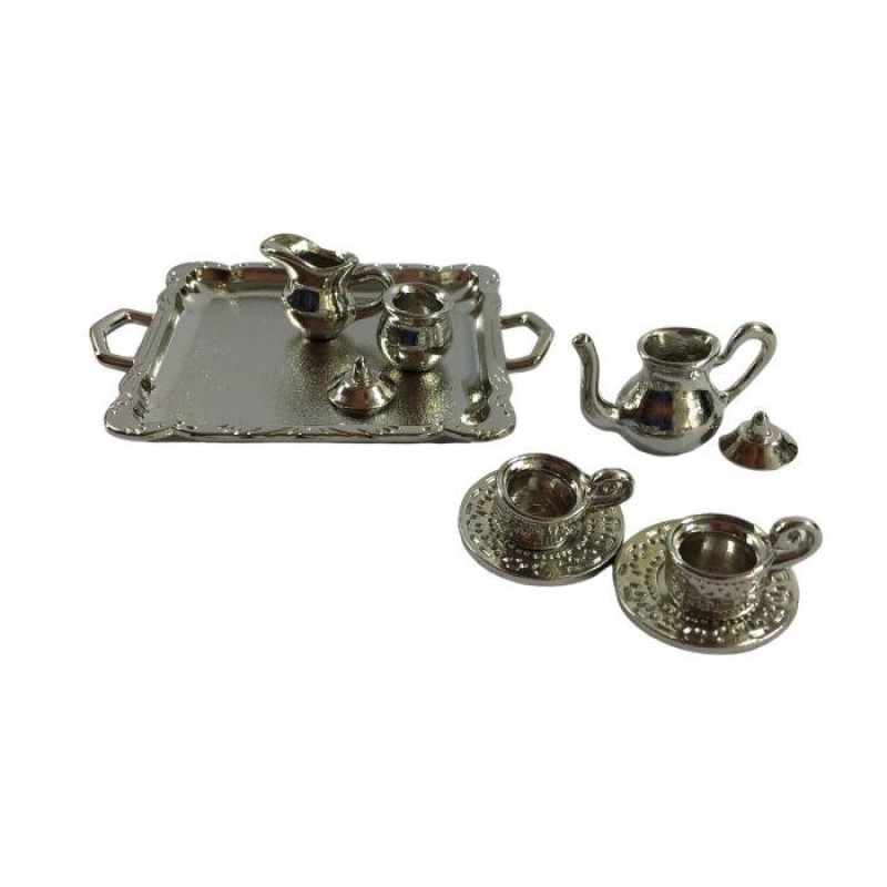 Dolls House Silver Tea Coffee Serving Set on Tray Dining Sitting Room Accessory