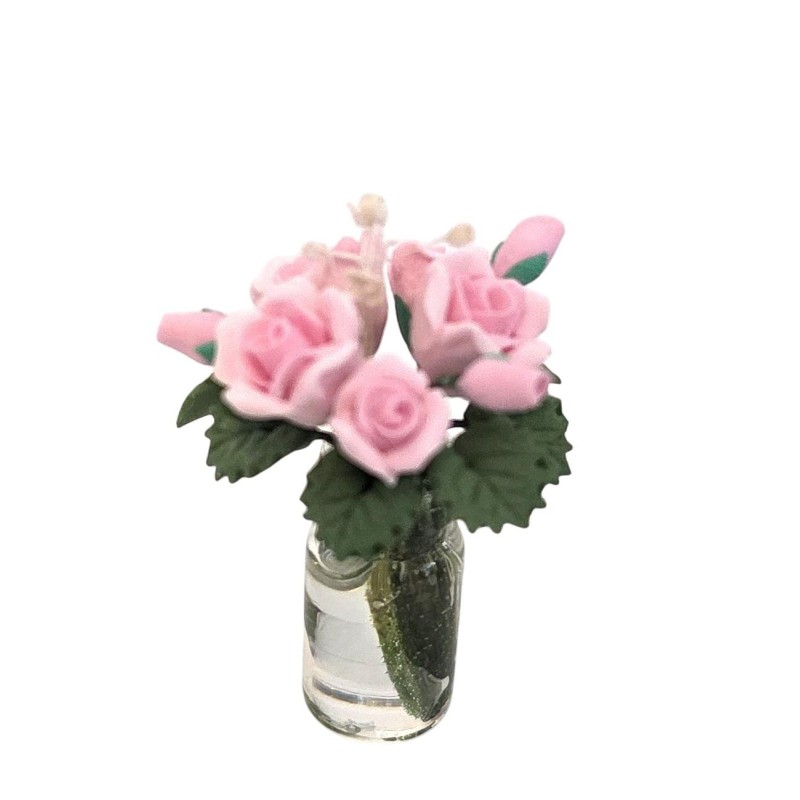 Dolls House Pink Roses in Glass Vase Miniature Flowers 1:12 Scale Dolls House Pink Roses in Glass Vase Miniature Flowers 1:12 Scale