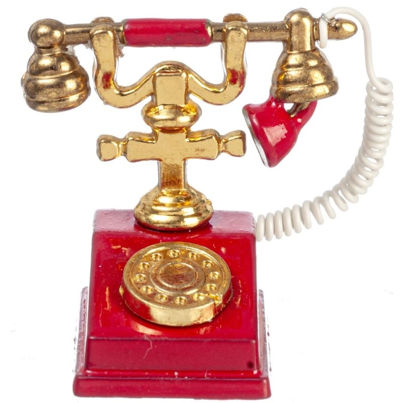 Dolls House Red & Gold 1950 60's Classic Fancy Telephone Miniature Accessory 1:12