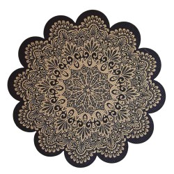 Dolls House Black & Gold Mandala Rug Round Scalloped Design Accessory Small