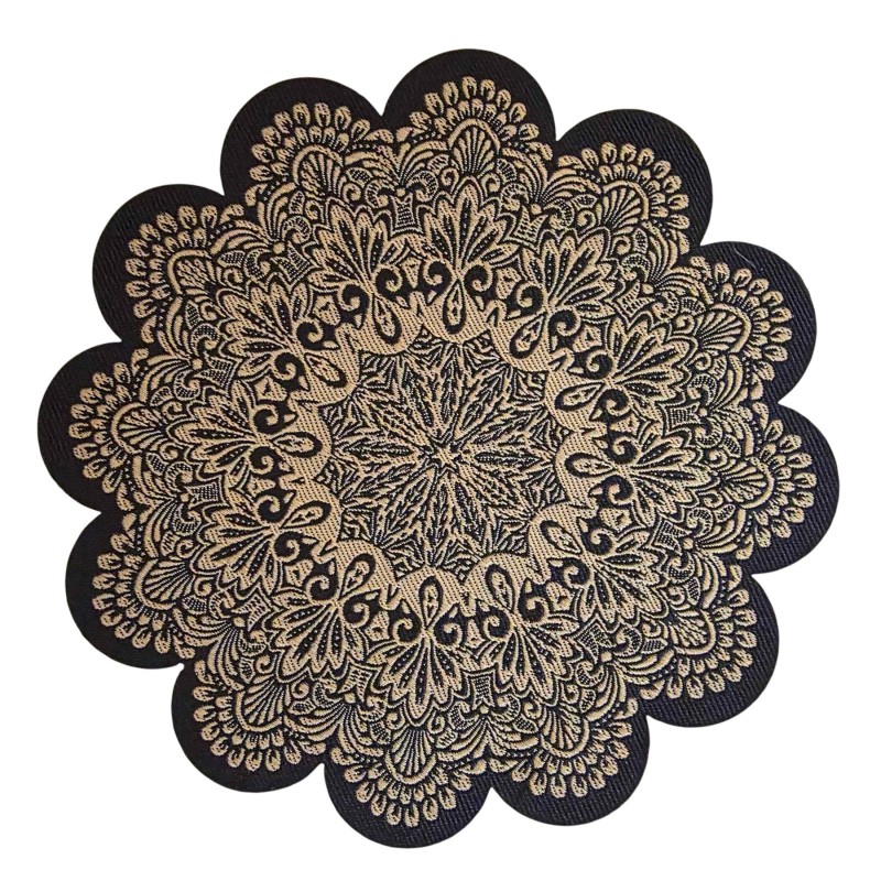 Dolls House Black & Gold Mandala Rug Round Scalloped Design Accessory Small