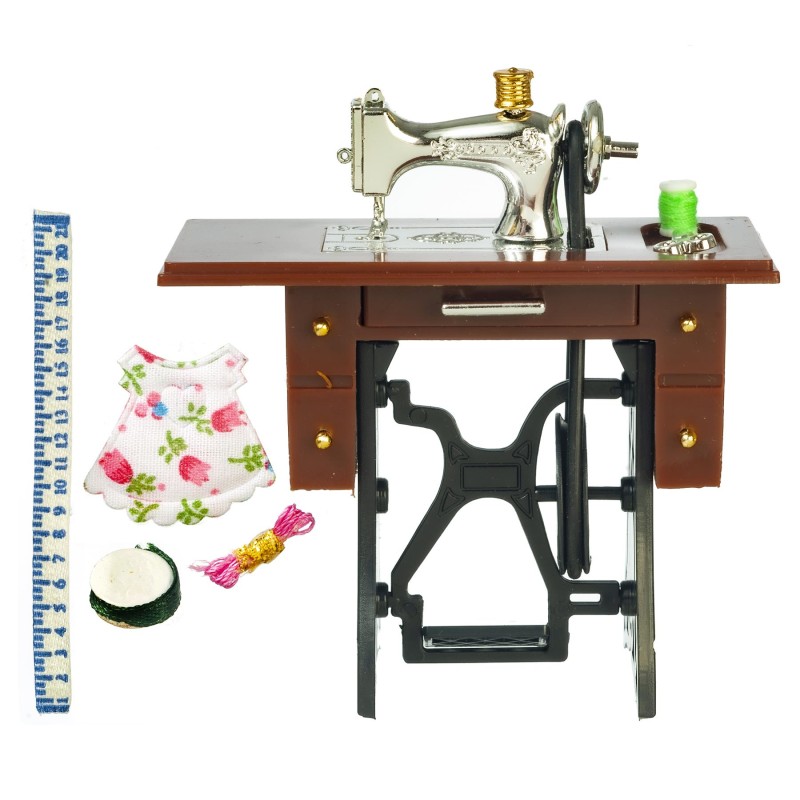 Dolls House Silver Treadle Sewing Machine Walnut Table Base & Accessory Set 1:12