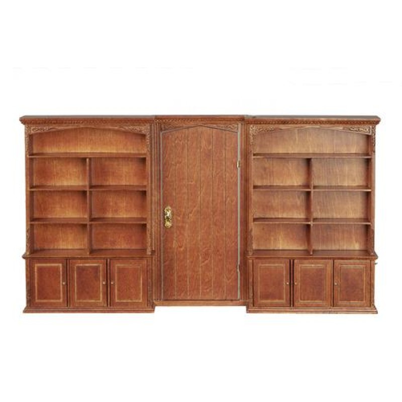 Dolls House Bookcase Wall with Door Walnut JBM Miniature Furniture