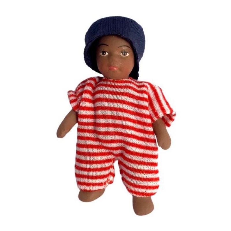 Dolls House Baby in Red Striped Romper & Denim Hat 1:12 Porcelain Doll People