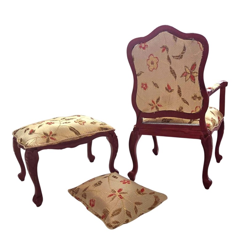 Dolls House Armchair & Footstool Mahogany & Gold Victorian Living Room Furniture
