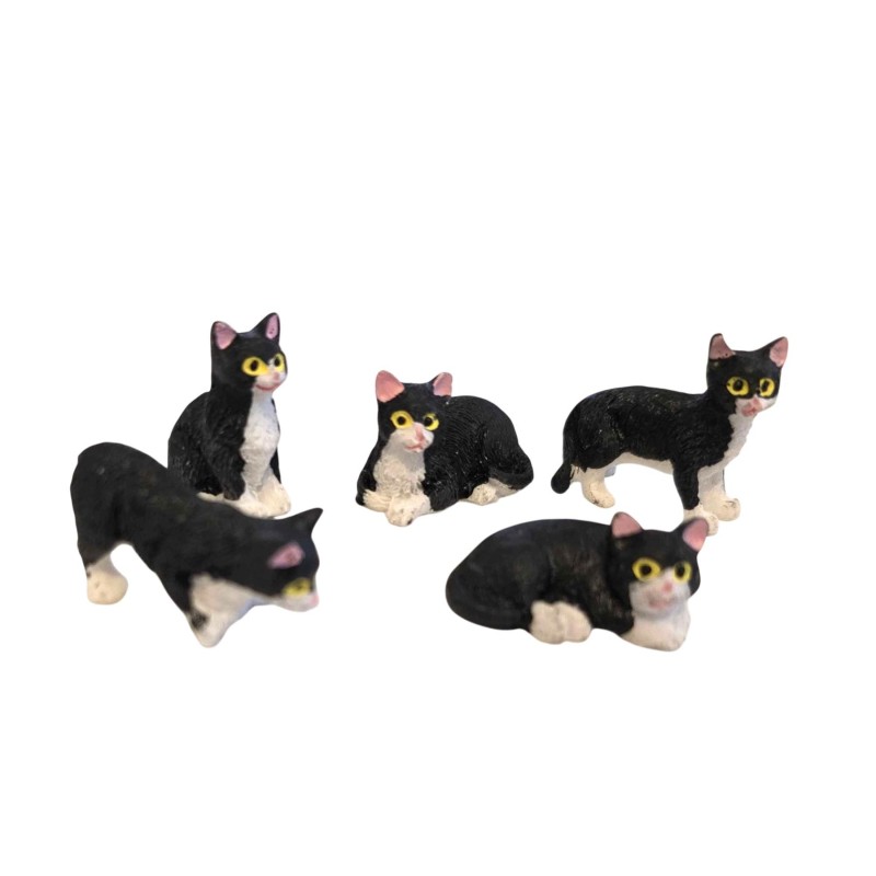 Dolls House 5 Black & White Cats Sitting Standing Lying 1:12 Scale Pets Dolls House 5 Black & White Cats Sitting Standing Lying 1:12 Scale Pets