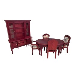 Dolls House Dining Room Furniture Set Victorian Style Mahogany & Chintz Suite