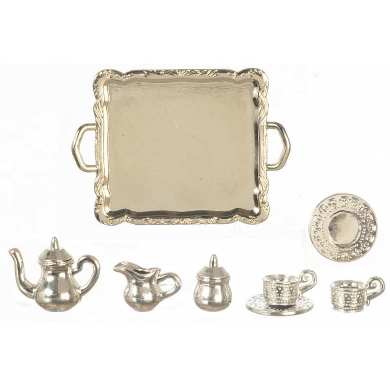 Dolls House Silver Tea Set with Tray Miniature Victorian Dining Room Accessory 1:12