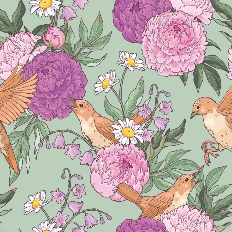 Dolls House Wallpaper Birds & Pink Purple Flower Design Miniature Print 1:12 Dolls House Wallpaper Birds & Pink Purple Flower Design Miniature Print 1:12