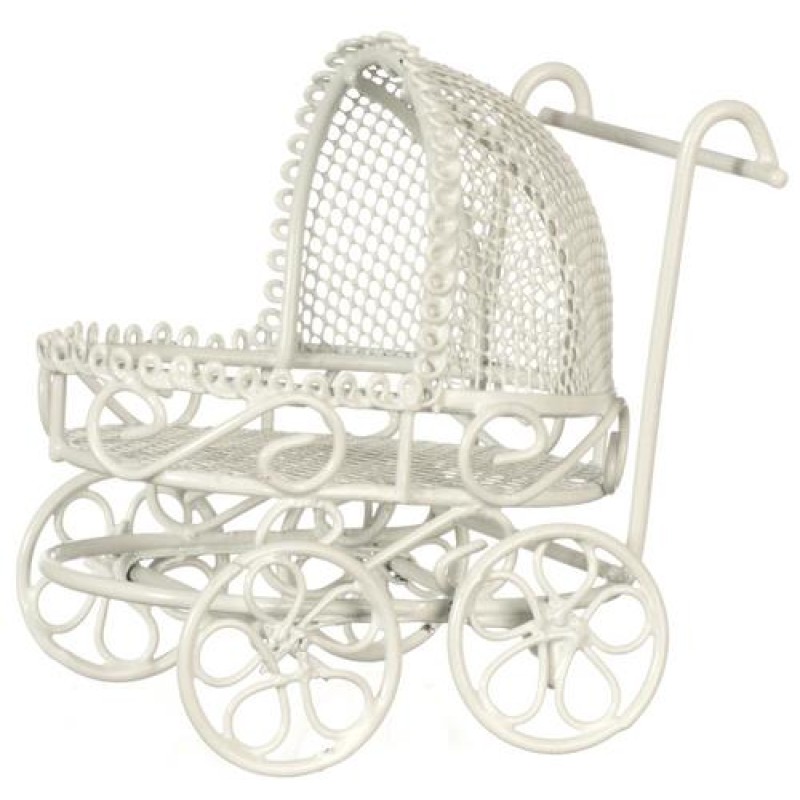 Dolls House Pram White Wire Rattan Miniature Nursery Furniture 1:12 Scale
