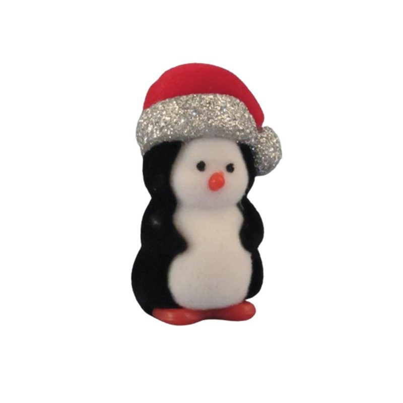 Dolls House Penguin in Christmas Hat Flocked Toy Shop Winter Nursery Accessory