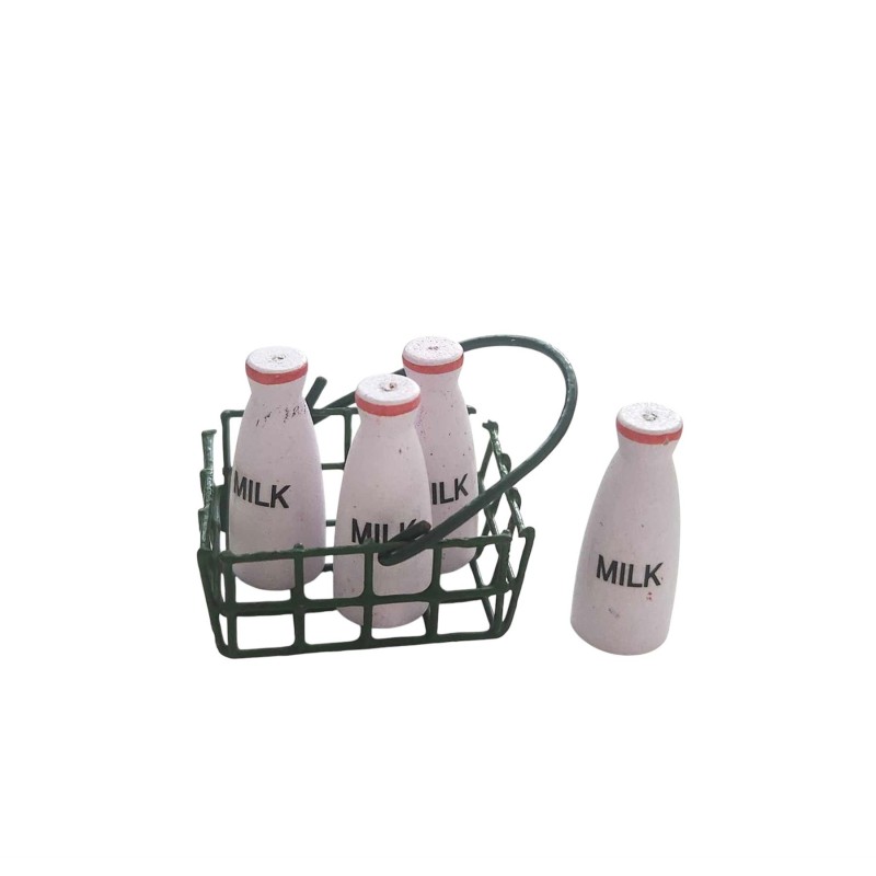 Dolls House 4 Bottles of Milk & Shopping Basket Miniature Shop Store Accessory