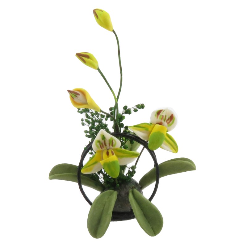 Dolls House Yellow Lilly Flowers Display on Black Metal Stand Garden Accessory