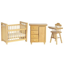 Dolls House Nursery Furniture Set Light Oak Highchair, Cot and Baby Wardrobe