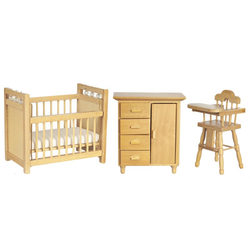 Dolls House Nursery Furniture Set Light Oak Highchair, Cot and Baby Wardrobe