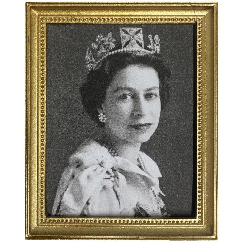 Dolls House Queen Elizabeth II Portrait Picture B&W Picture 1:12 Gold Frame